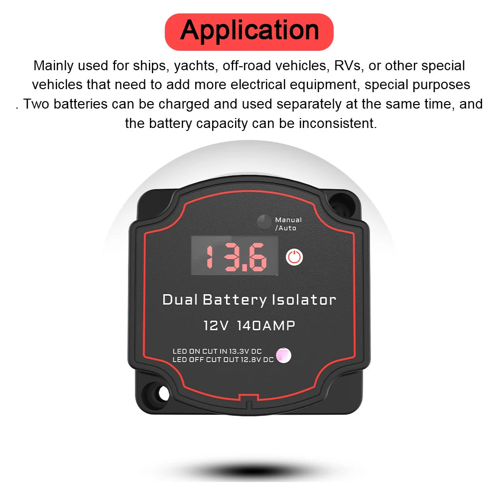 Relay VSR for Camper Charge 2 Battery Bank Car Smart Battery Isolator Voltage Sensitive Split Charge Auto Parts 12V 140A