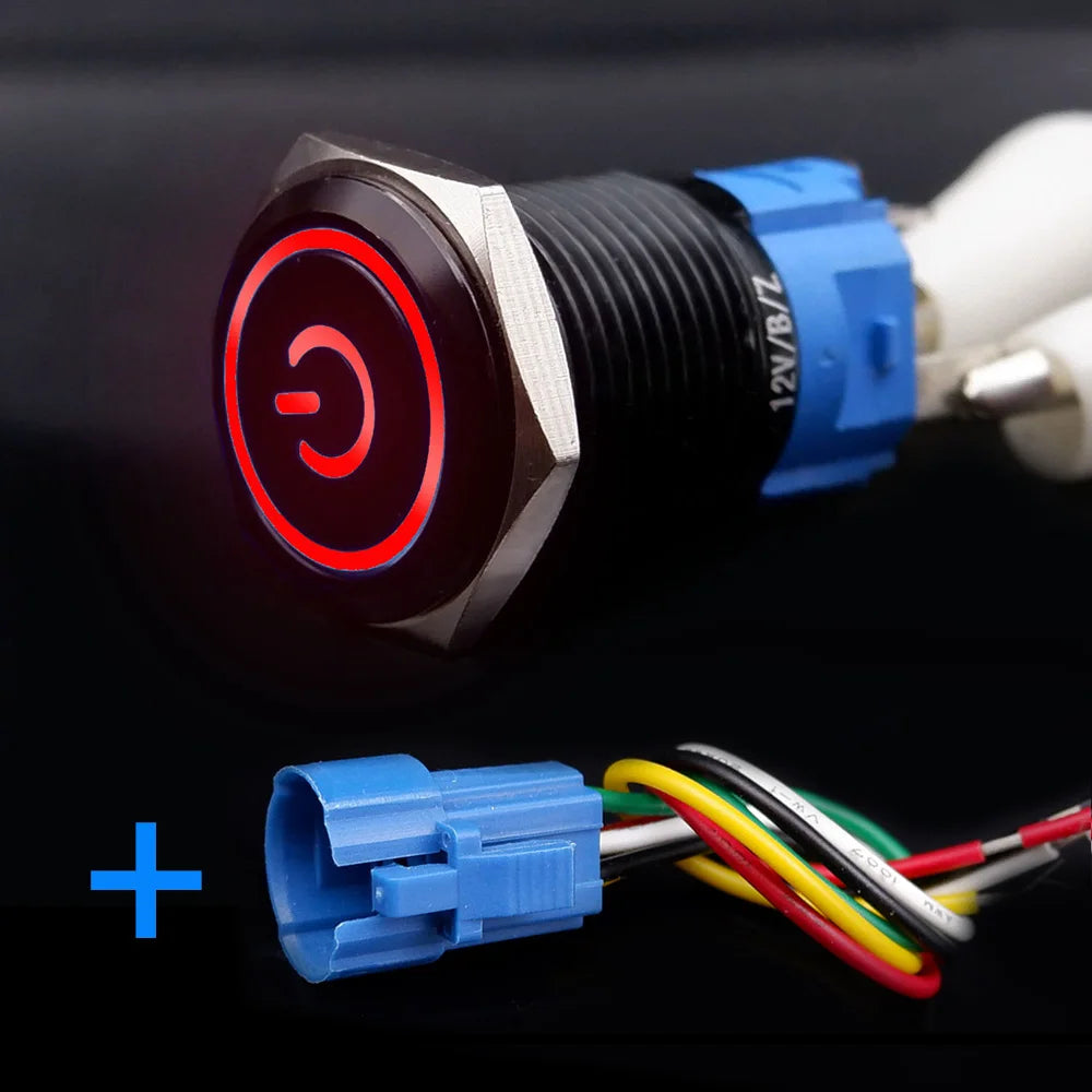 Black Push Button Switch with Wire Led Light 16/19/22mm Waterproof Illuminated  Metal Latching Momentary 5V 12V 220V Red Blue