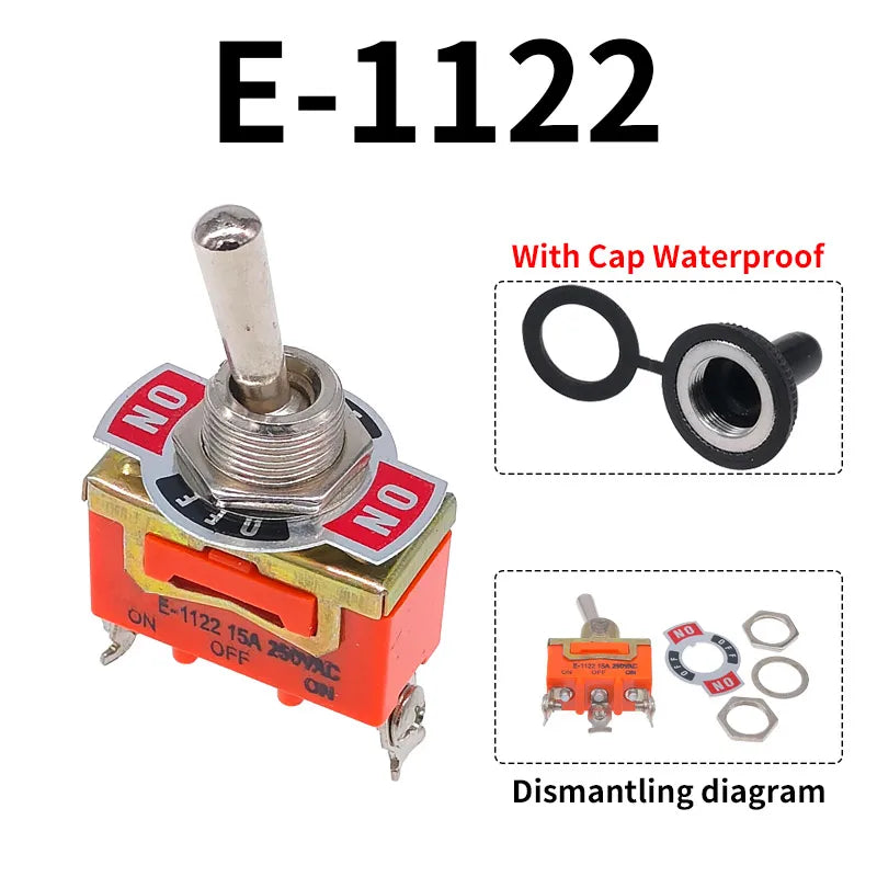 Toggle Switch SPST DPDT 250V 15A 2 3 Position Latching ON-OFF ON-ON ON-OFF-ON E-1322 1021 1122 1121 1221 1321 Cap Waterproof