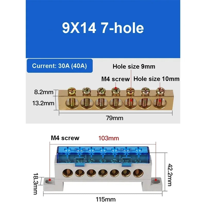 A10 Series 7*11 9*14 3/4/5/6/7/8/10/12 Hole Zero Ground Row Copper Bar Connection Terminal Wiring Terminal of Distribution Box