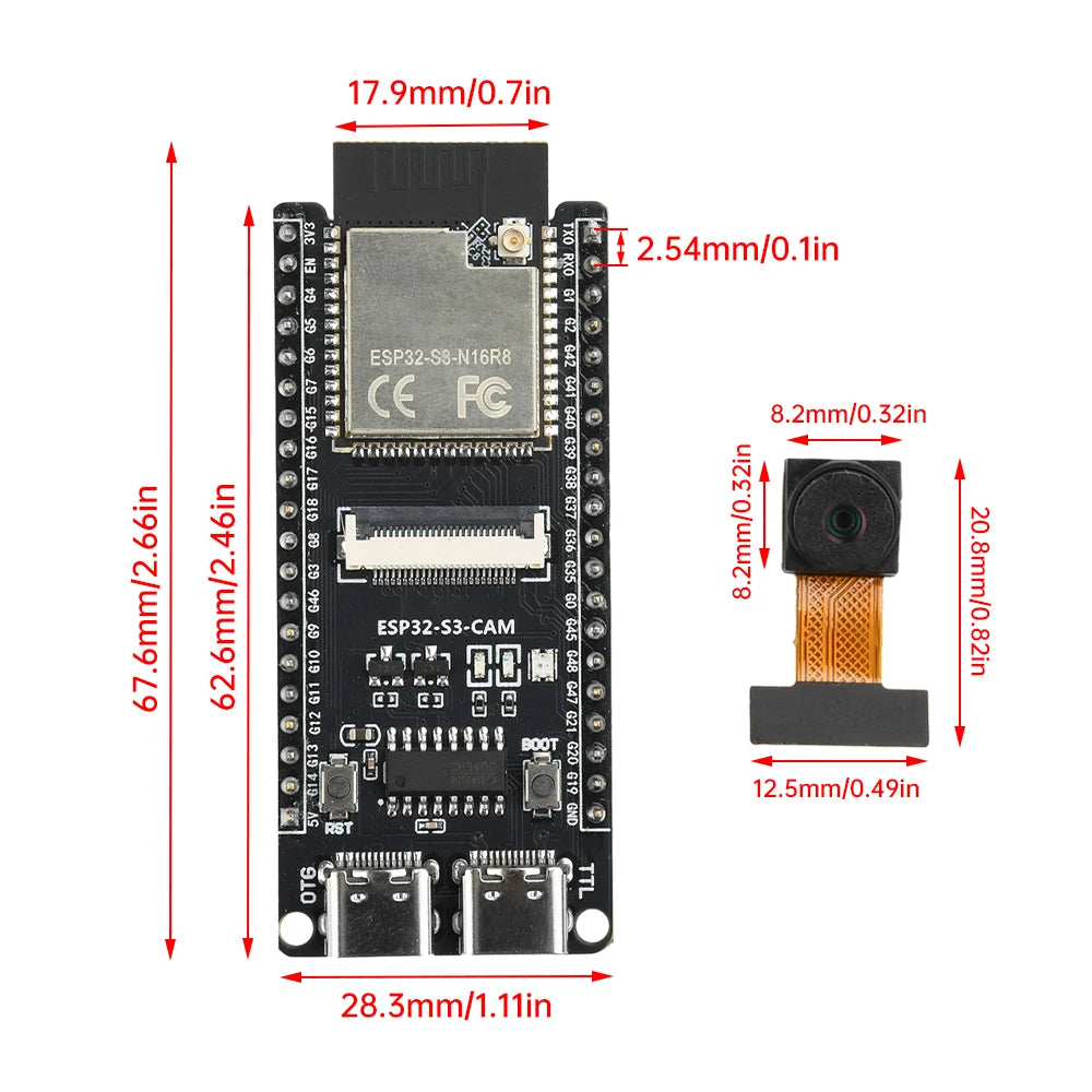 ESP32-S3-Cam Development Board Wifi BT Core Board Camera Module Onboard Esp32-S3-N16R8 Module Ch340 Dual Type-C