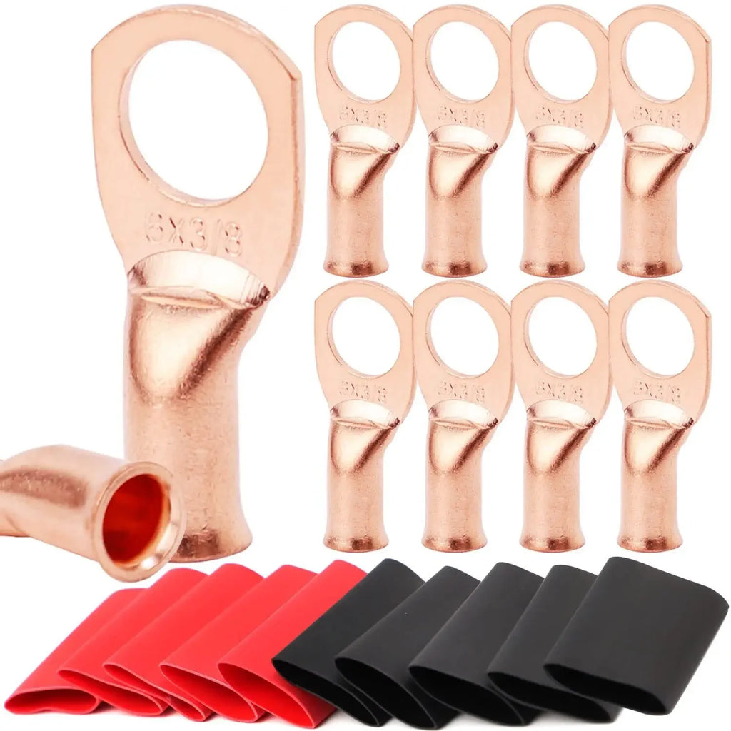 10pcs Copper Terminal Connectors, AWG 2 4 6 8 1/0 2/0 Ring Lug With Shrink Tubing 10Battery Cable Lugs, With 10 Shrink Tubing