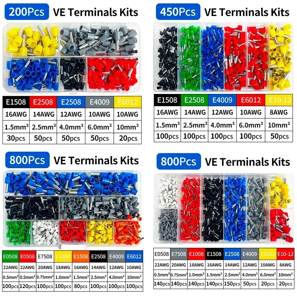 200-1900Pcs Electrical Tube Insulated Terminal VE Tubular Crimp Terminals Wire Cable Connector Ferrules Terminal Connectors