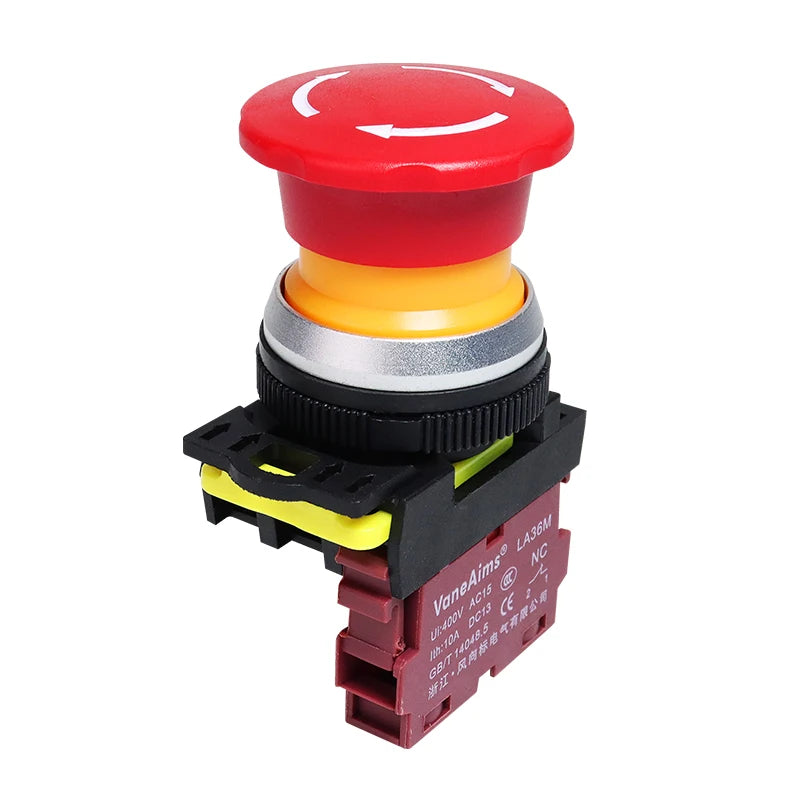 30mm LA36M Plastic Mushroom E-stop Switch Emergency Stop Push Button Switch Latching Self Locked with Red LED Light 12v 24v 220v
