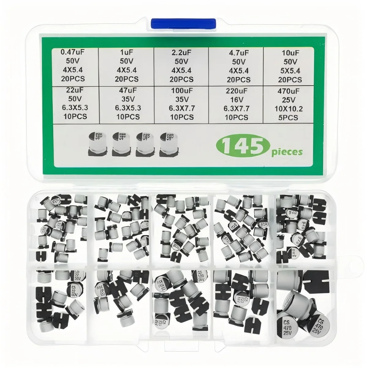 145PCS/400PCS capacitor kit Aluminum Electrolytic SMD  condensadores electrolíticos 1uF~1000uF 6.3V-50V 10/24Value with box kit