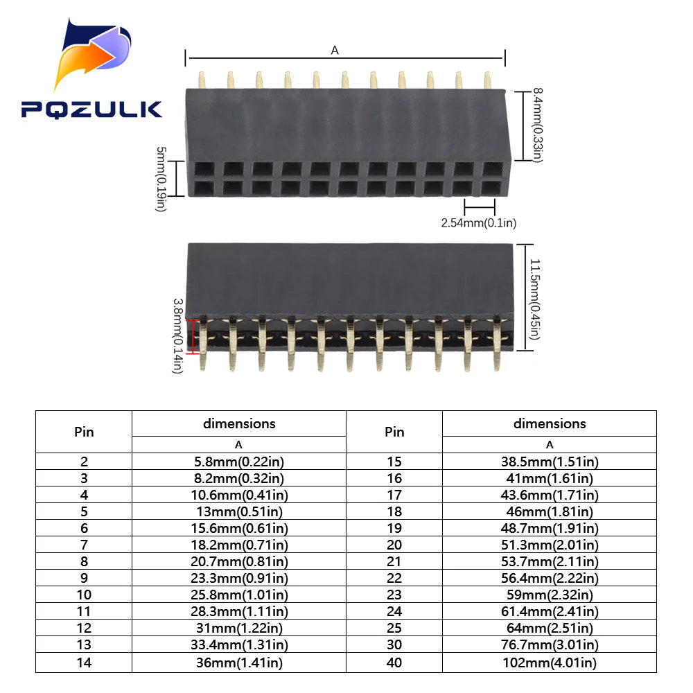 10PCS 2.54mm Double Row Female 2~40P Breakaway PCB Board Pin Header Socket Connector Pinheader 2*2/3/4/6/10/12/16/20/40Pin