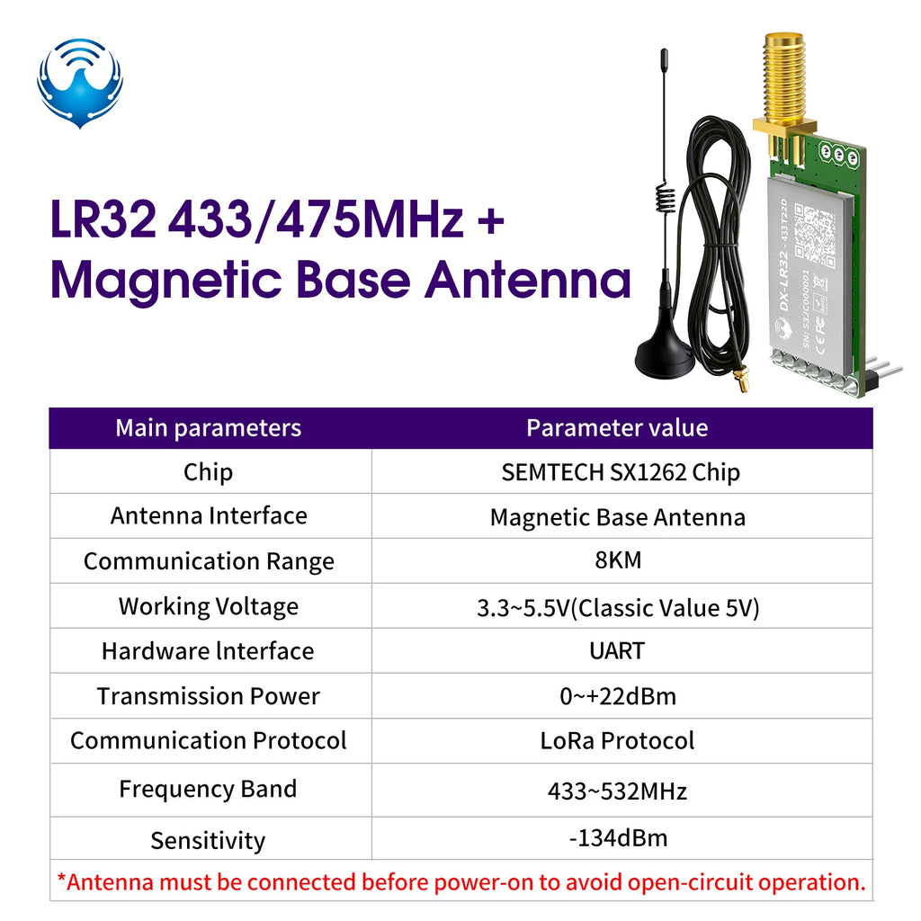 DX-LR32 SX1262 LoRa UART Module AT Command 5KM Range 432-533/850-949MHz No Programming Needed CE FCC Arduino