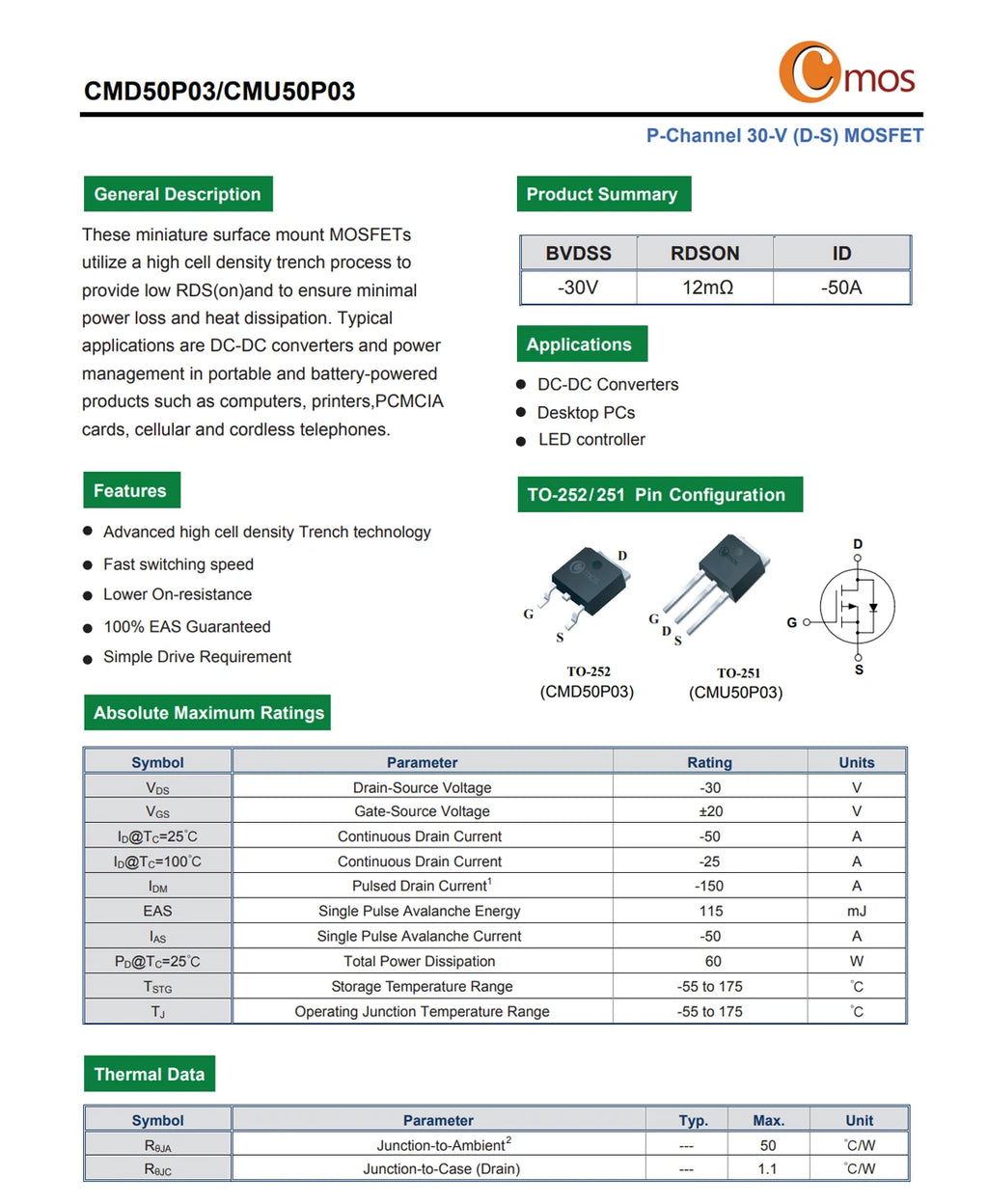 Original CMOS MOSFET CMD1402, CMD3080M, CMD3090L N-Channel TO-252