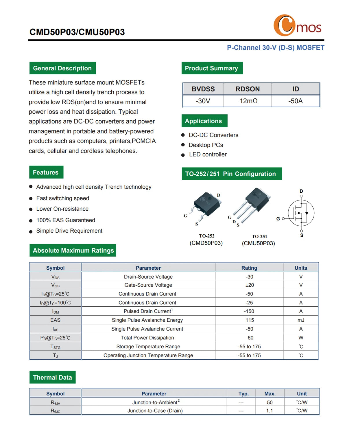 Original CMOS MOSFET CMD1402, CMD3080M, CMD3090L N-Channel TO-252