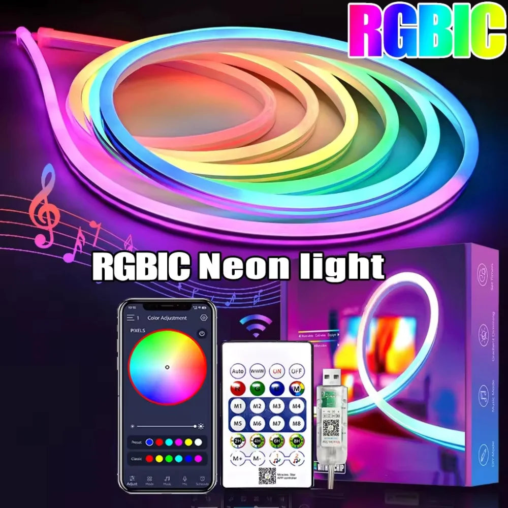 5V RGB+IC Neon Light Strip 15M USB Waterproof Flexible LED Light Strip Music Synchronization Bluetooth Remote Control DIY Home Decoration Changes Ambient light