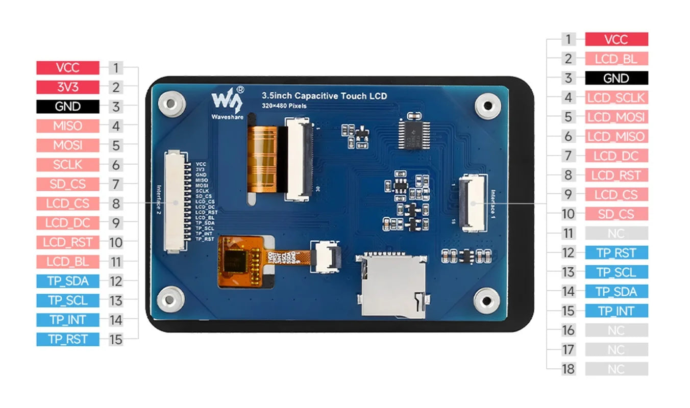 3.5inch Capacitive Touch Display Module, 320×480, Embedded with ST7796S Display Driver and FT6336U Capacitive Touch Controller
