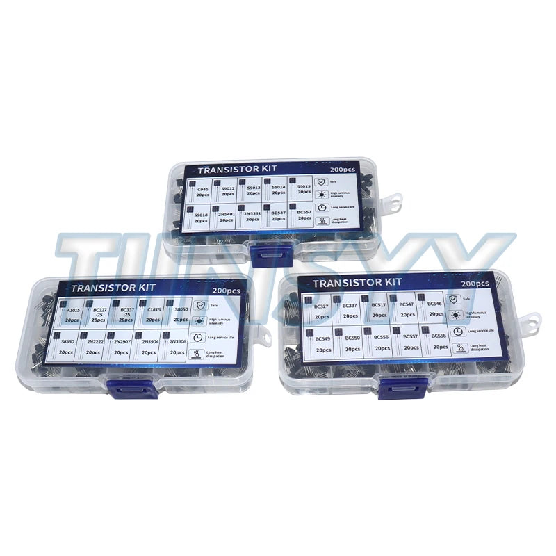 200pcs BJT Transistor Kit Bipolar Power Transistors A1015 BC327 BC337 C1815 S8050 S8850 2N2222 2N2907 2N3904 2N3906 PNP NPN