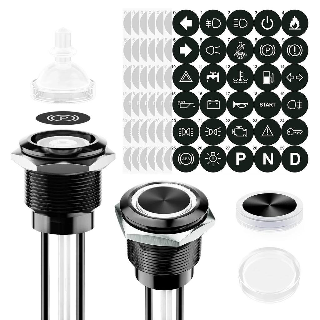 FILN 2Pcs 22mm Symbol Push Button Switch 20A IP67 Waterproof Latching Momentary Marine Switches 185 Replacement Symbols 5V-24V