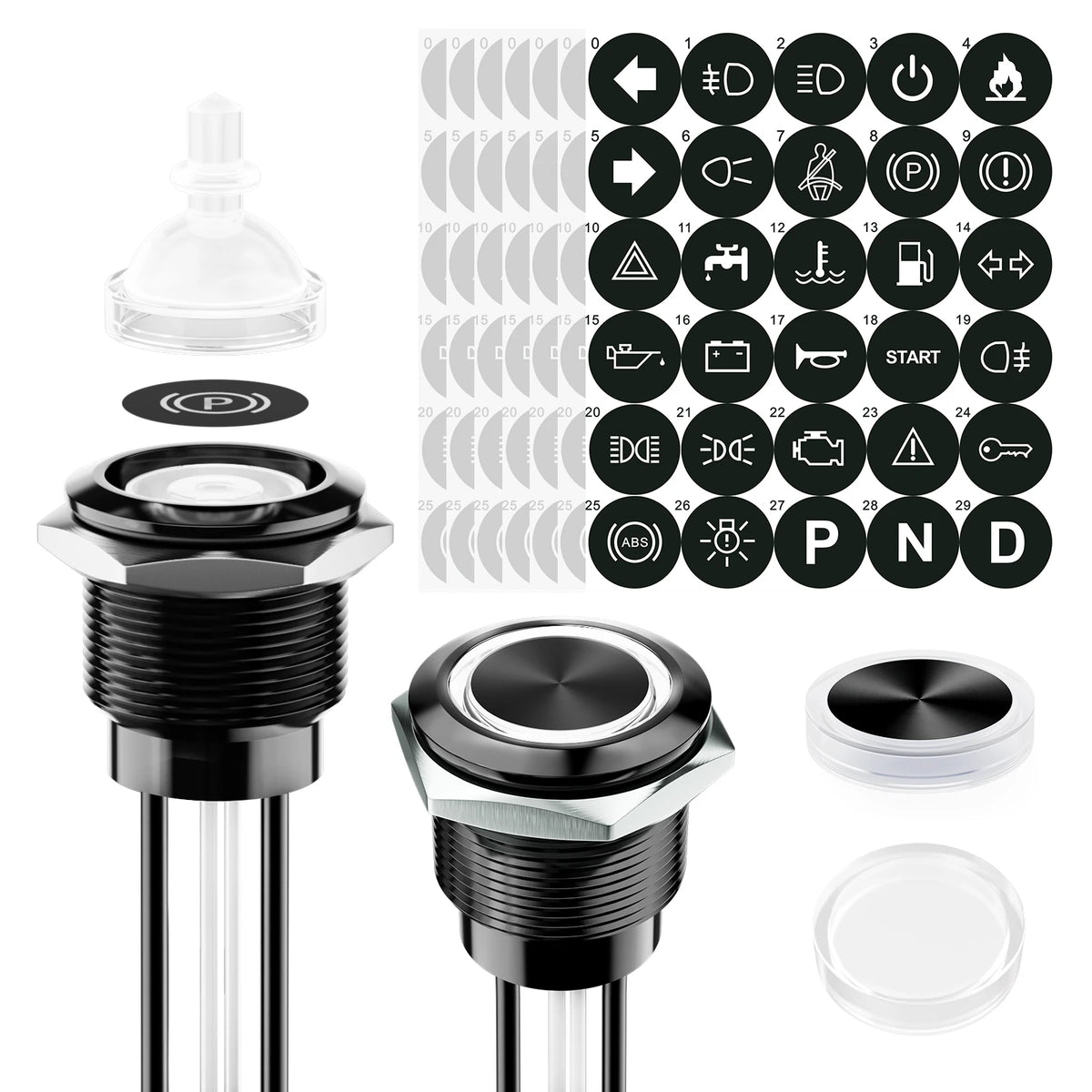 FILN 2Pcs 22mm Symbol Push Button Switch 20A IP67 Waterproof Latching Momentary Marine Switches 185 Replacement Symbols 5V-24V