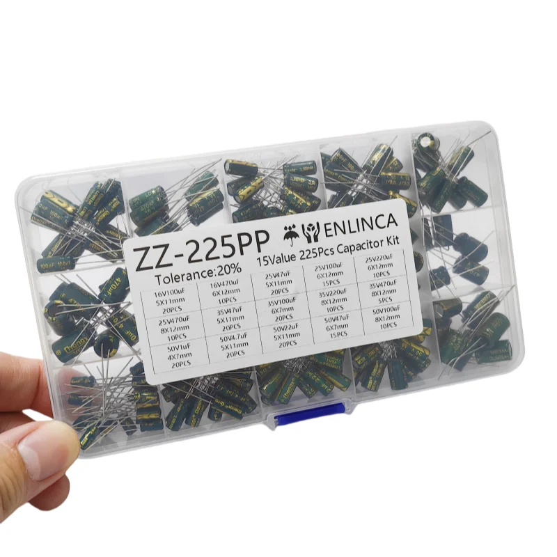 225Pcs/Box Capacitor Kit Aluminum Electrolytic Capacitors Set 15Values 16V-50V 1uF-470uF Assorted Kit Storage Low ESR