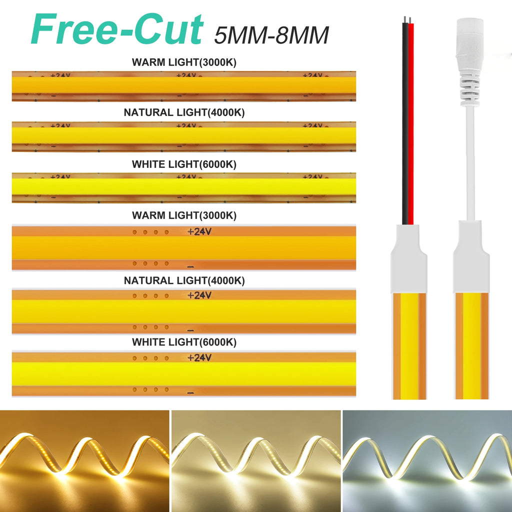 5mm 8mm PCB COB LED Light Strip Free Cut 12V 24V With 2PIN Wire DC Plug 400LEDs/m 3000k 4000k 6000k Flex Lamp 0.5m 1m 5m 10m 20m