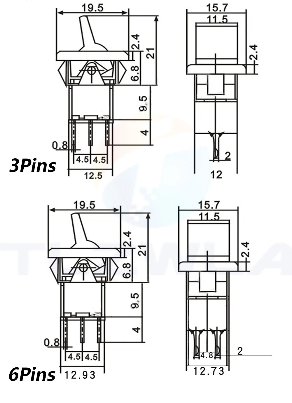 1PCS SH T80-R Series Mini Paddle Toggle Switch Square Snap-in Panel Mount 5A/125VAC