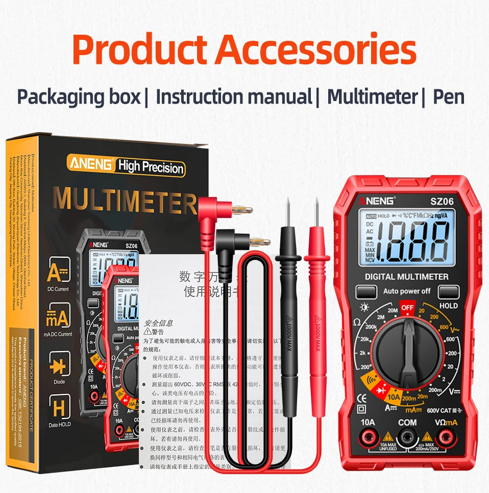 ANENG SZ06 Multimeter 2000 Diode Ohm Professional Smart Mini Multimetro Counts Digital AC/DC Voltage DC Current Tester Tools