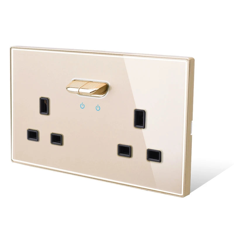 146 13a Reset Toggle Tempered Glass 2Gang UK Socket Switch Combination Panel Power Socket Office Hotel Home Villa Decoration