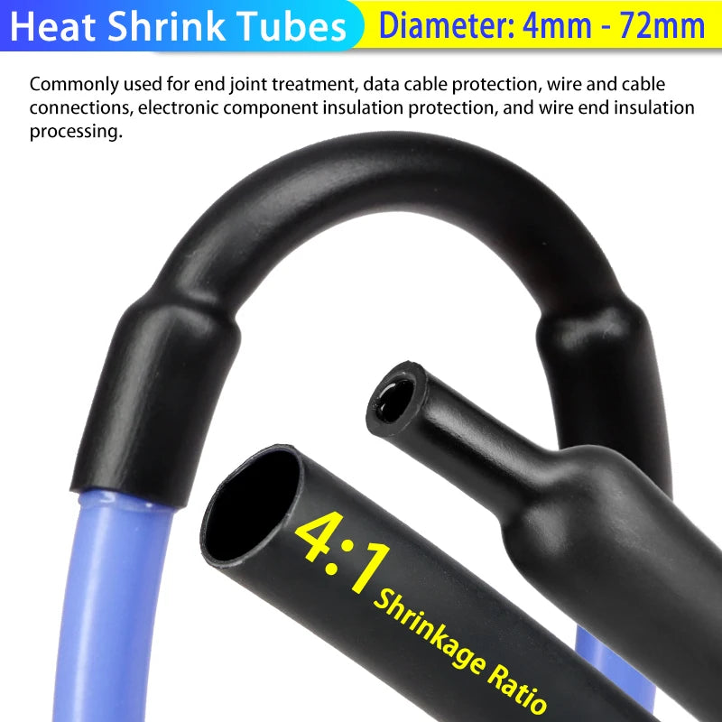 1~10m Glued 4:1 Heat Shrink Tubing 4mm - 72mm Black Double Wall Adhensive Polyolefin Lined Wire Cable Repair Sleeving Wrap