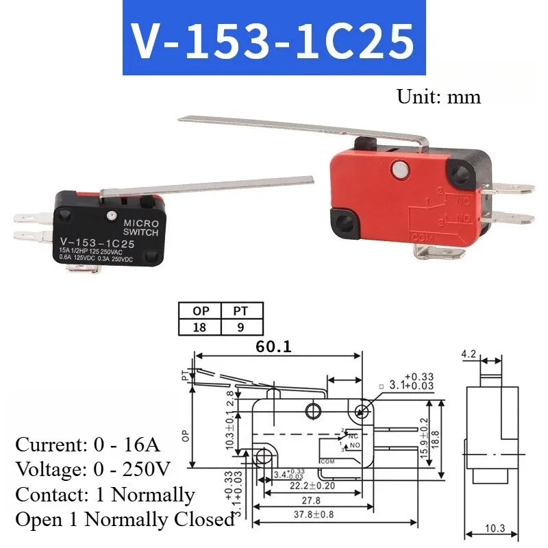 5pcs Travel Limit Switch Micro Switch Self-resetting V-152-1C25 3-pin Miniature Push Button Tactile Microswitch V-152 V-153 V-15