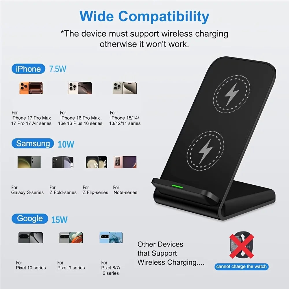 30W Fast Wireless Charger Stand Pad for iPhone 17-11/XR, Samsung Galaxy S25/S26/S21/S20, Xiaomi, Huawei & All Qi-enabled Phones