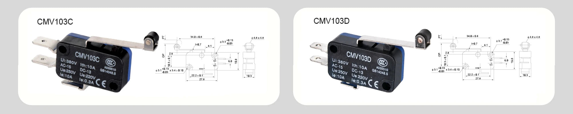 5PCS CNTD CMV10-031C/031C2 Mini Snap Action Micro Switch 10A 250V AC SPDT Long Curved Lever Limit Switch 300K for 3D Printer