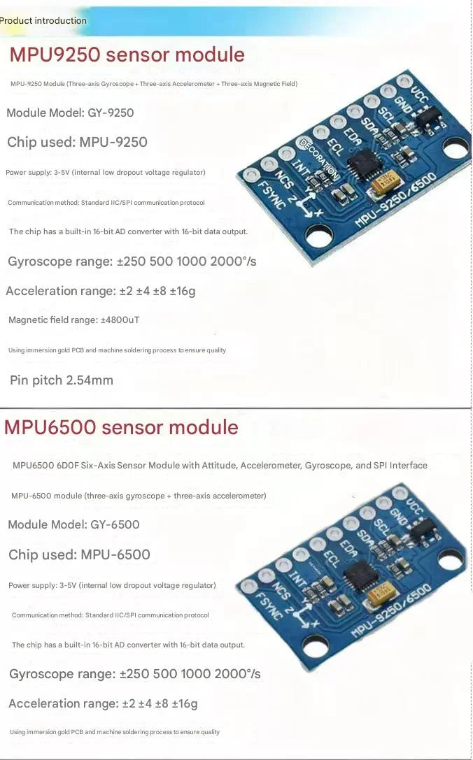 MPU9250 6500 Module 9DOF Accelerometer Gyroscope Compass 6/9 Axis GY-91 Sensor