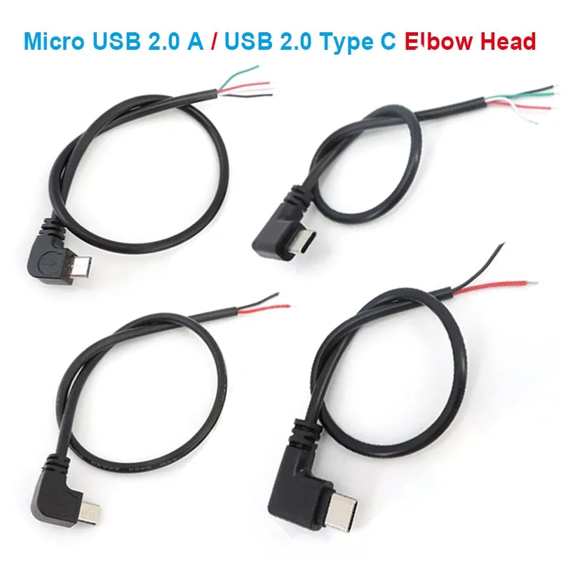 DIY Repair Welding Cable 2 Wire 4 Wires Micro USB 2.0 A Elbow Head Male Jack 4pin/2pin Type-C Male Extension Cable Line