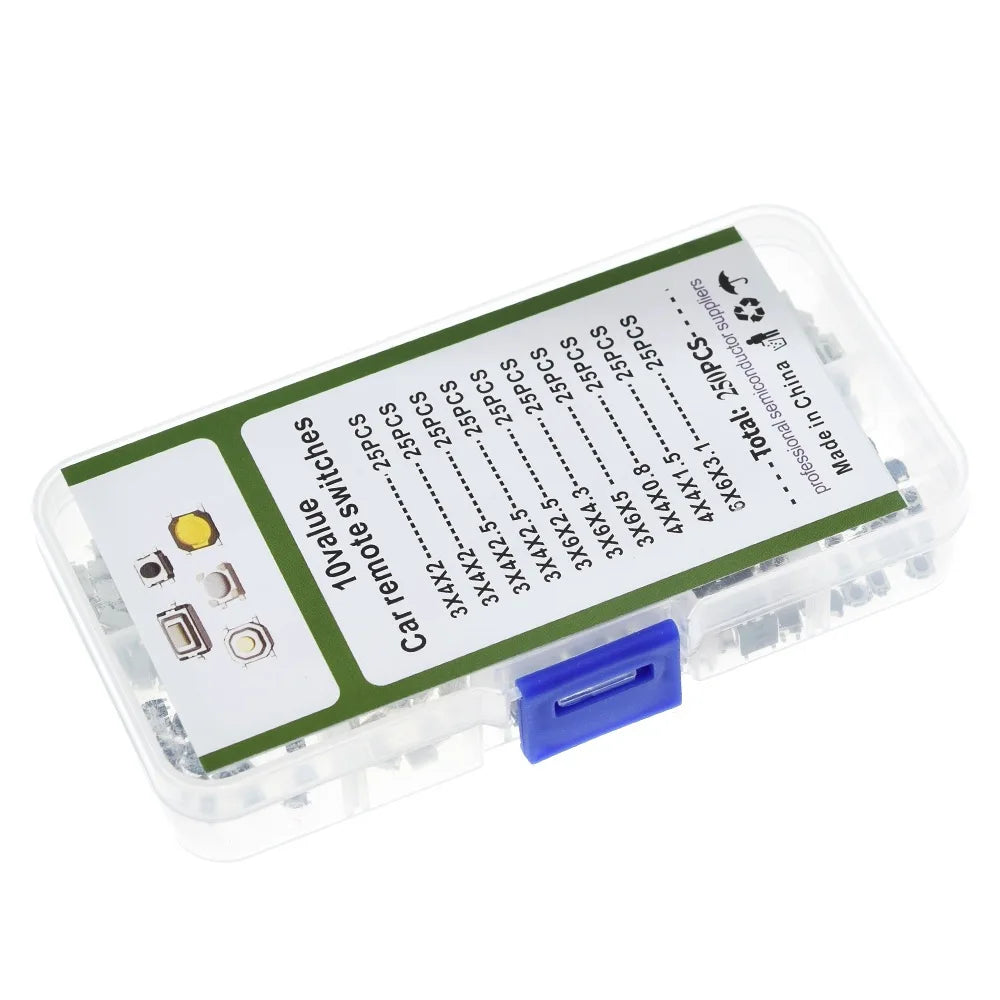 250Pcs 10 Types Car Remote Key Switch Button Kit SMD Tactile Push Switch 44 36 Micro Mini Keys Assortment Pack for Auto Remote C