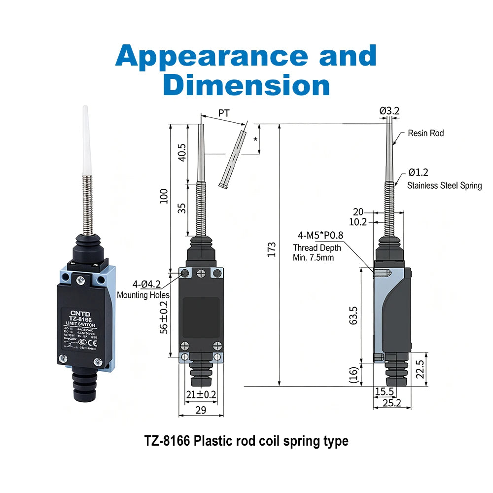 CNTD TZ-8166 Plunger Limit Switch SPDT 250VAC 6A with Coil Spring Rod IP65 Waterproof Industrial Micro Switch CE Certified
