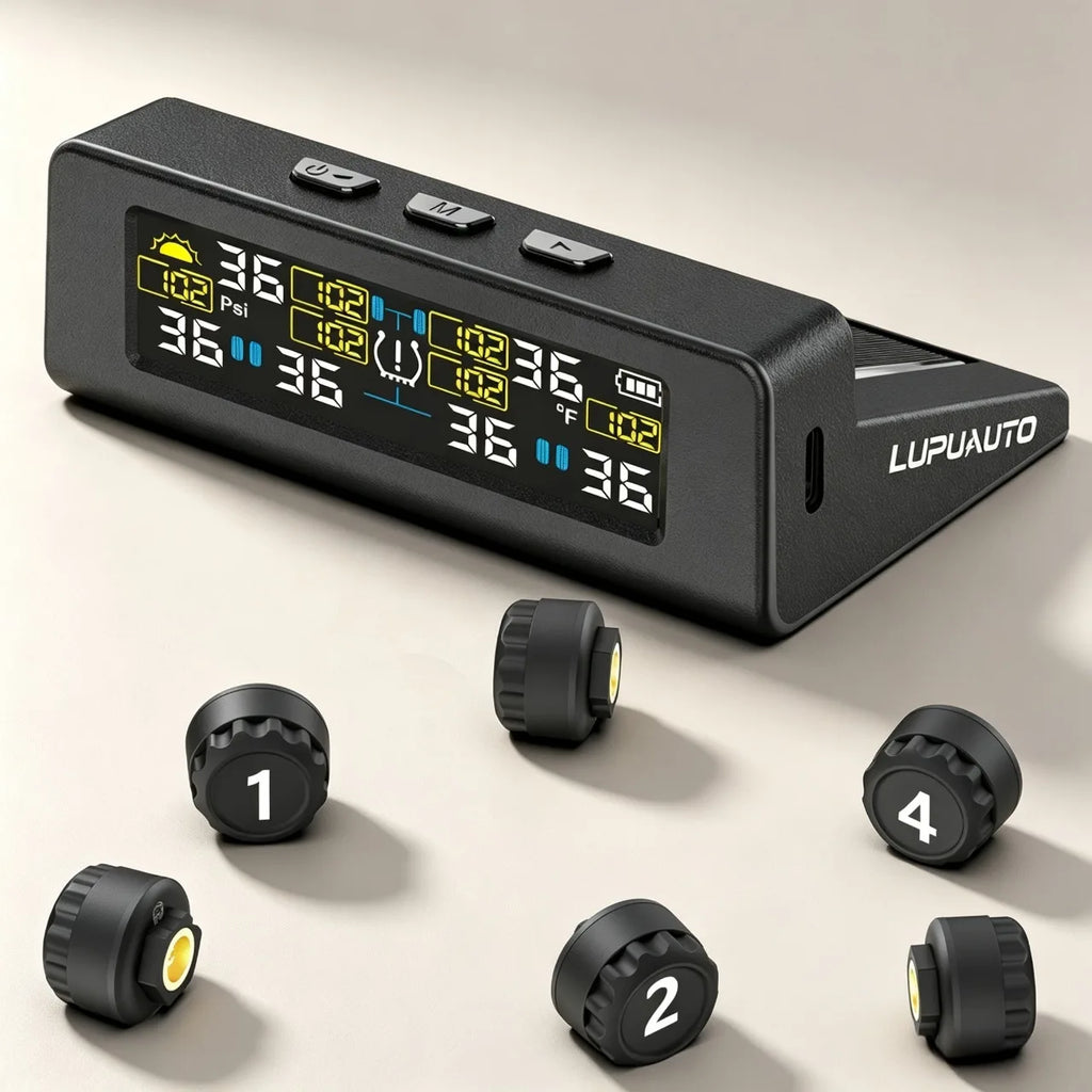 TPMS Tire Pressure Monitoring System Car Safety Alarm System Wireless Solar&USB Powered 4 Sensors with Color Digital Display