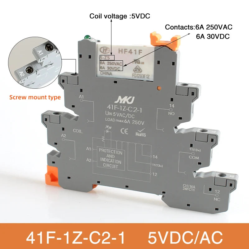 Din Rail Slim Relay Module 41F-1Z-C4-1 Integrated PCB Mount Power Relay With Relay Holder  Relay Socket 6.2mm