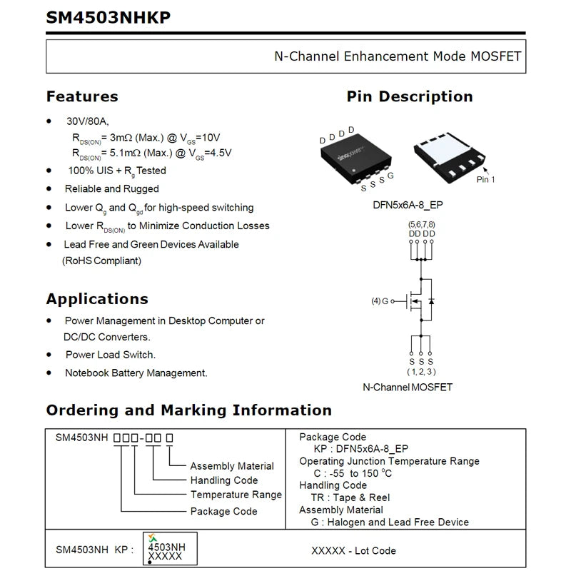 SM4336N SM4337 SM4364A SM4365N SM4370 SM4373NA SM4377N SM4378 4503NH 4504NH 4508NH N-Channel Enhancement Power Transistor MOSFET