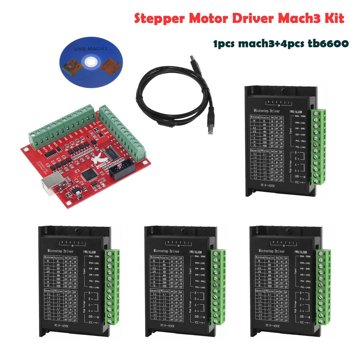 Breakout board CNC USB MACH3 four-axis controller card with USB cable, hard drive, TB6600 driver, for stepper/servo motors