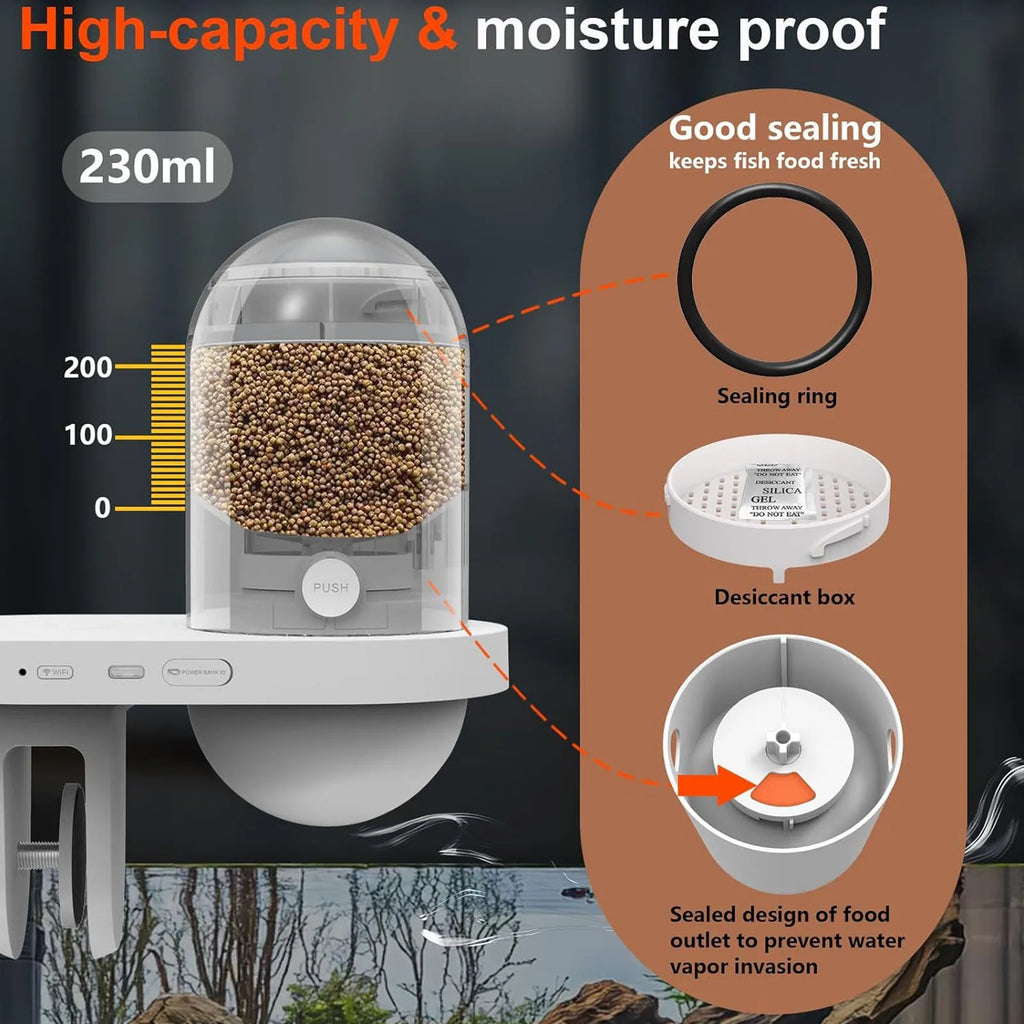 Automatic Fish Feeder 230ml Large Capacity 2.4G 5G WiFi Automatic Fish Food Dispenser with App Control Timer 2.5K Camera