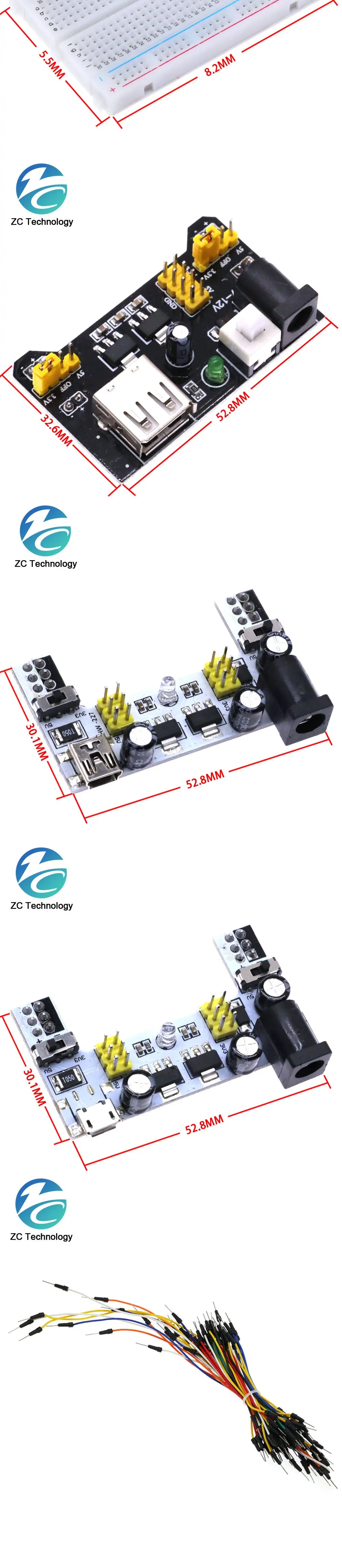 3.3V/5V MB102 Breadboard Power Module+MB-102 830 Points Prototype Bread Board for Arduino Kit +65 Jumper Wires Wholesale