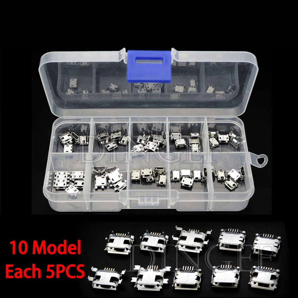 10 Types Each 5PCS Micro USB Female 4/5PIN DIP Type B SMT USB Connectors Jack Tail Sockect Plug Terminals For Diy repair MP3/4/5