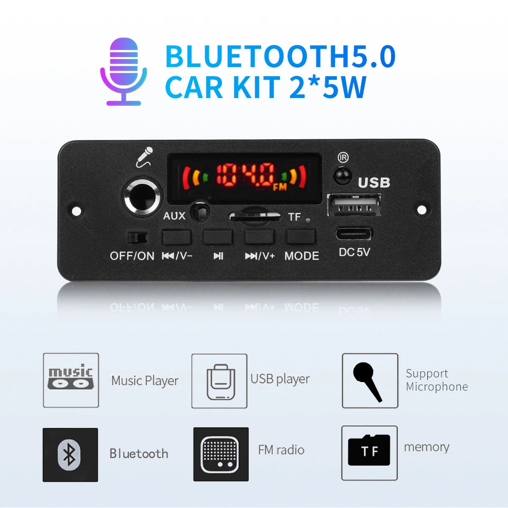 10W Digital Amplifier MP3 Decoder Board DC 5V Bluetooth 5.0 FM Support Microphone Car MP3 Player with Remote Controller