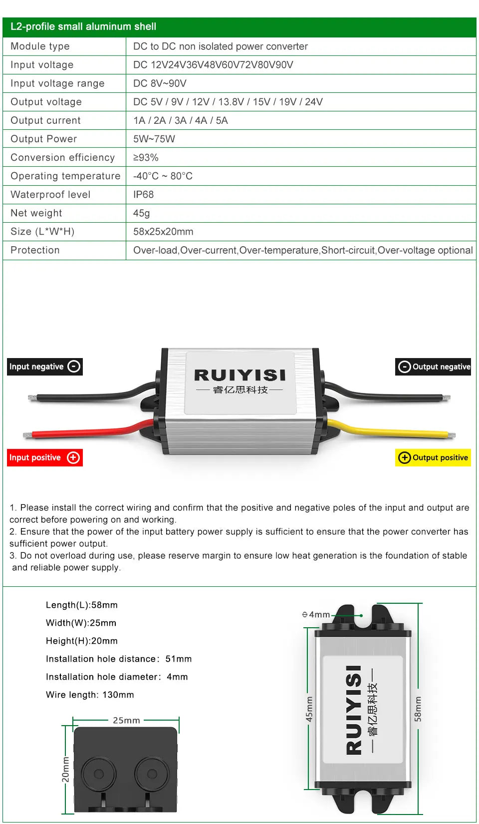 RUIYISI 48V to 24V power converter 90V80V72V60V36V24V to 12V 5V 9V 24V DC buck module 15V-90V to 12V transformer