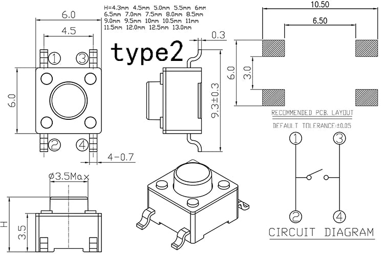 50pcs Tactile Switch 6x6mm H=4.1/4.3/5/5.5/6/7/8/9/~13mm Momentary Tact Button Mini Push Button 4Pin/2Pin DIP/SMT  Widely Use