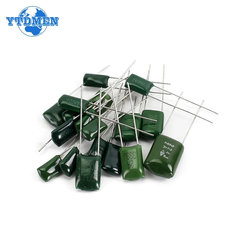 180PCS 100V Polyester Film Capacitor Assortment Kit 2A102J-2A822J 18Values *10pcs 102 222 472 103 223 1NF 2.2NF 10NF 100NF 0.1UF