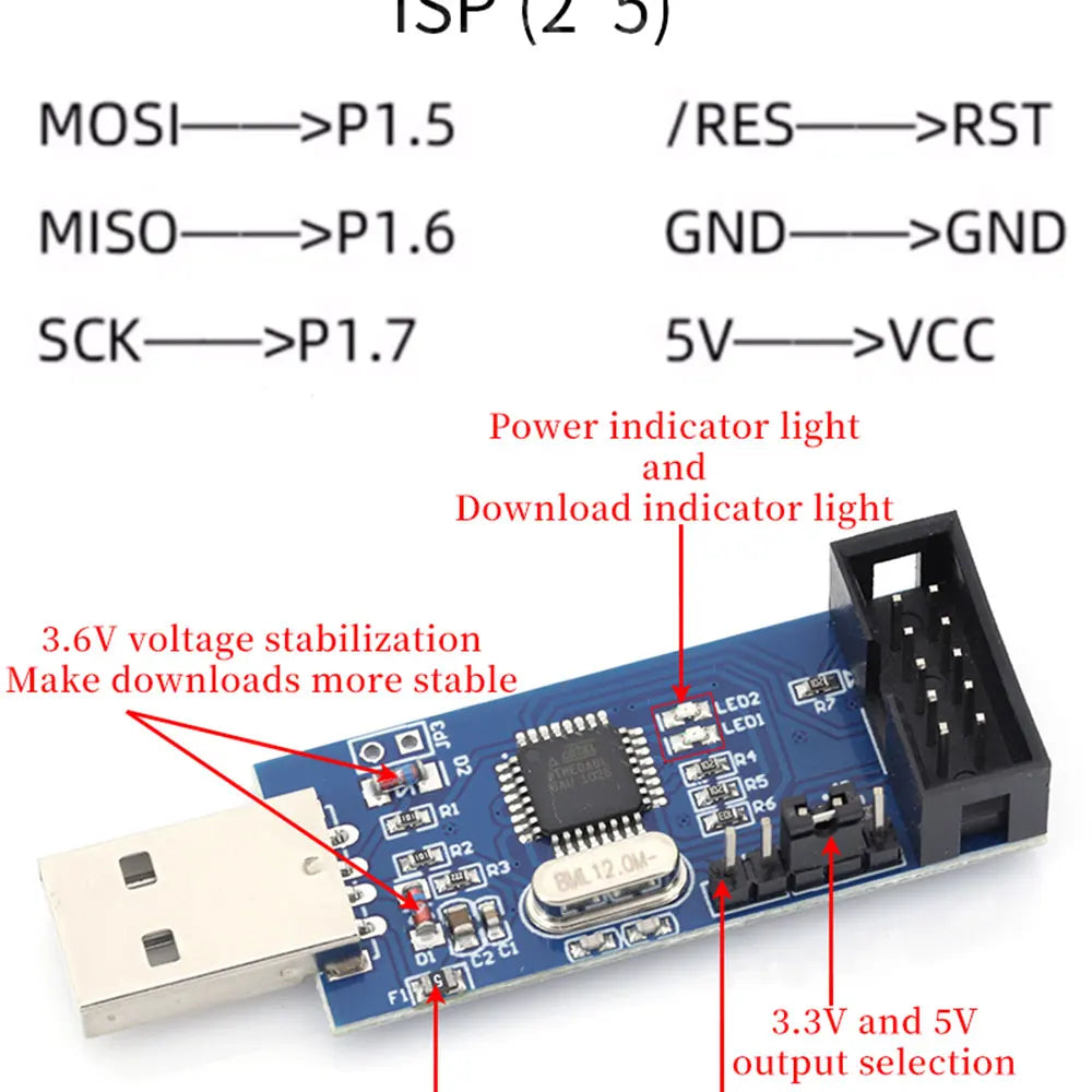MGQH USBASP USBISP AVR Programmer USB ATMEGA8 ATMEGA128 ATtiny/CAN/PWM 10Pin Wire Module DIY + 10Pin To 6 Pin Adapter Board
