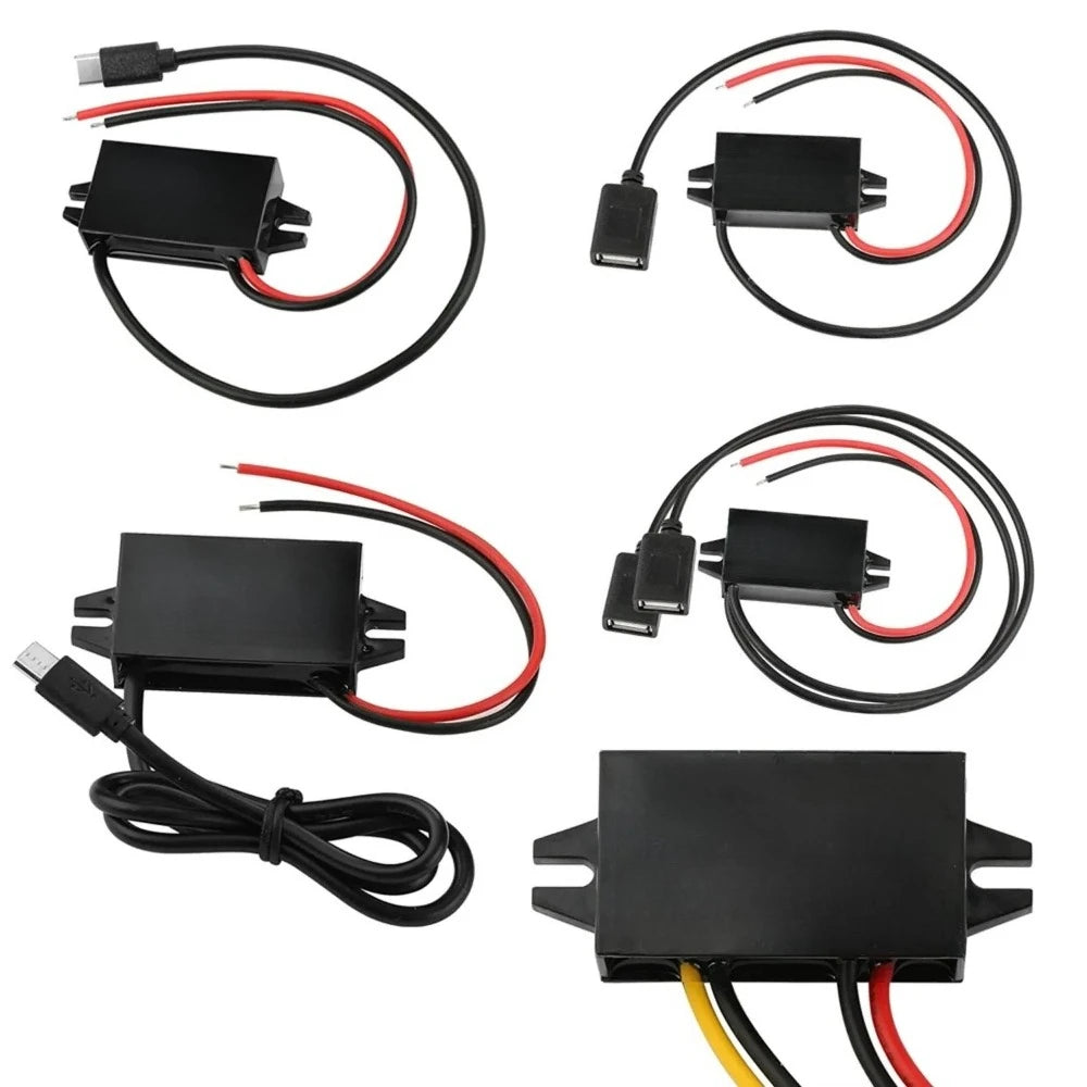 12V 24V to 5V 3A DC Converter Step Down Module USB Female Dual USB Type C Open Wire Connector Power Adapter ROHS Certified