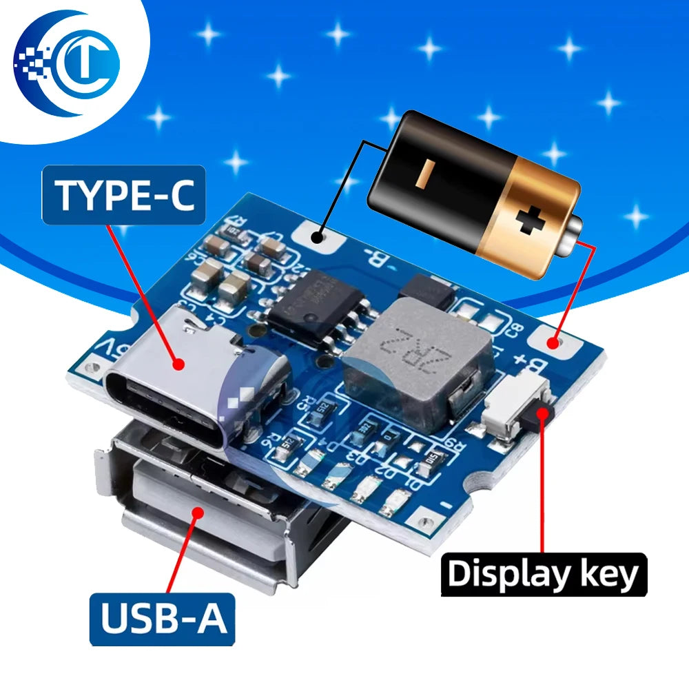 LiPo Battery Charging Protection Module, 5V 2.4A USB Type-C Boost Converter Power Supply Board