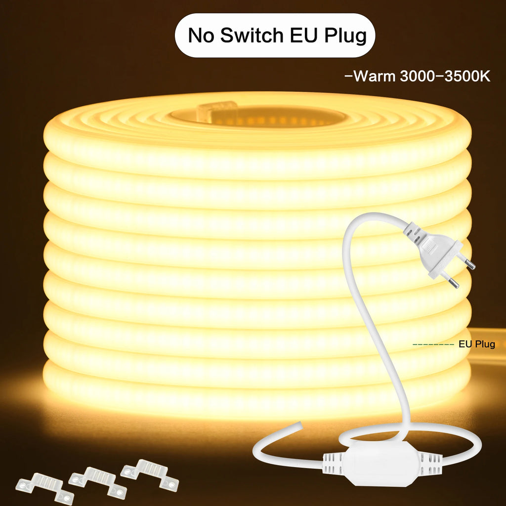 220V COB LED Strip Light With Switch/Dimmer Plug Super Bright 288LEDs/M IP65 3000K 4000K 6000K High Quality Indoor Outdoor Decor