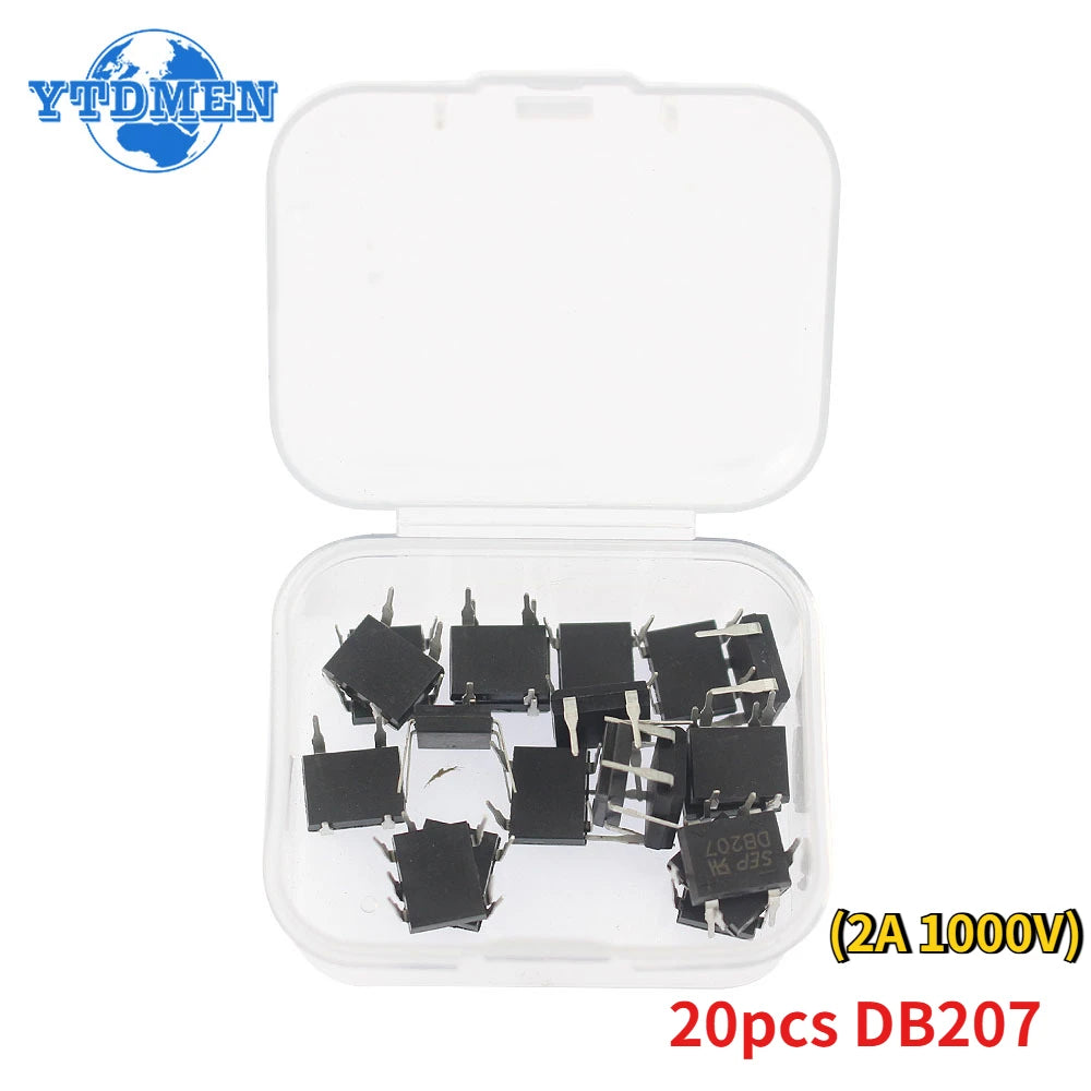 10/20PCS DB207 DB107 Bridge Rectifier DIP4 1000V 2A 1A Power Diode Rectifiers Electronic Components IC Kit, with Box