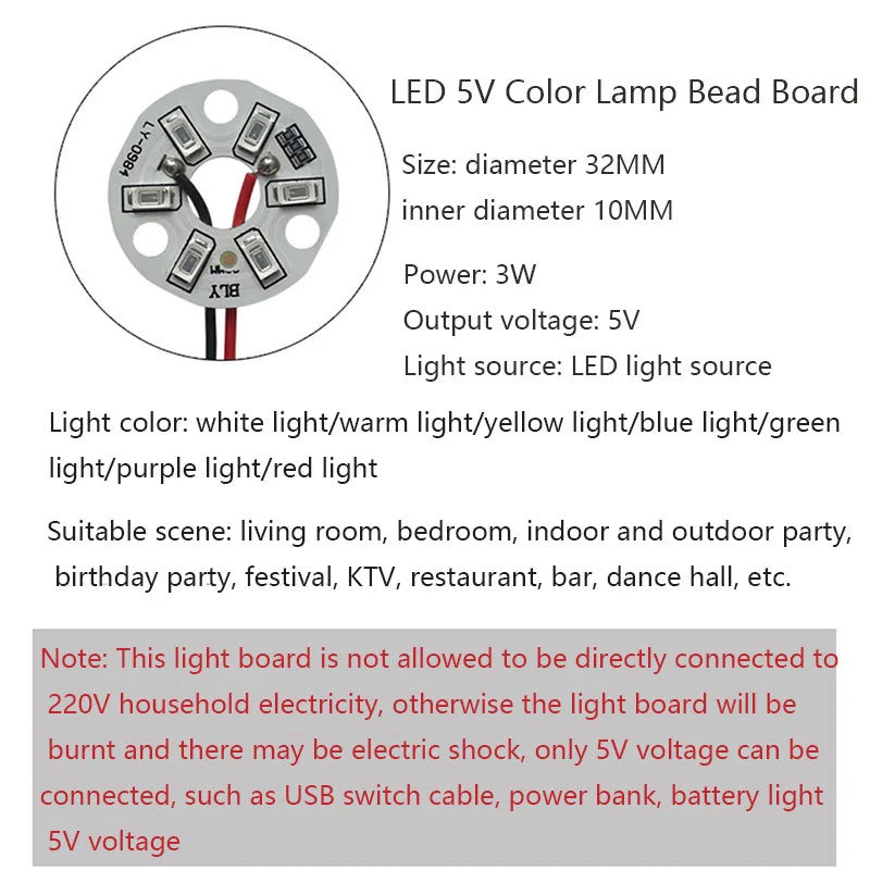 5/10 Pcs LED 3W 5V USB Light Board SMD 5730 Chip Red Green Warm White Yellow Purple Round Changing Light Source With 20 Cm Cable