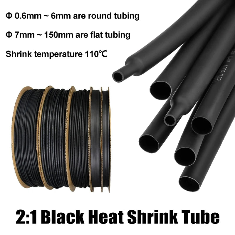 2:1 Shrink Rate Black Diameter 0.6mm ~ 210mm Heat Shrink Tube DIY Wires Cable Repair Wrap Sleeving Waterproof Polyolefin Tubing