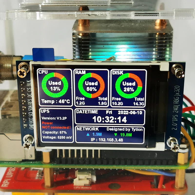 Raspberry Pi 4B UPS Uninterruptible Power Supply Acrylic Shell Kit Ice Tower Fan IPS Screen System Monitoring